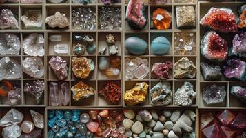 A large assortment of crystals and stones in a box photo