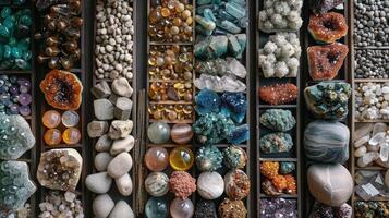 A variety of different types of stones are arranged in a box photo