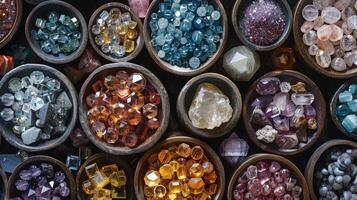 A variety of colorful gems are arranged in bowls photo