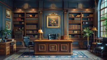 A home office with a desk and bookshelves photo