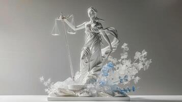 A statue of lady justice with a scale and a butterfly photo