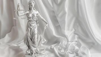 A statue of lady justice is sitting on a table photo