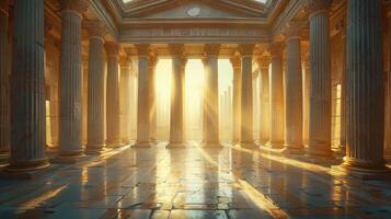 A room with columns and sunlight shining through them photo