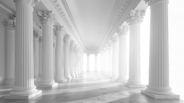 blanco columnas en un pasillo con luz de sol viniendo mediante foto