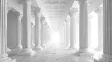 White columns in a hallway with a light coming from the ceiling photo