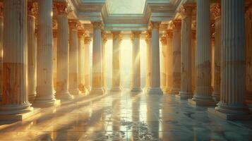 A long hallway with columns and sunlight photo