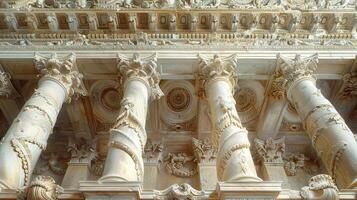 A large building with columns and a clock photo
