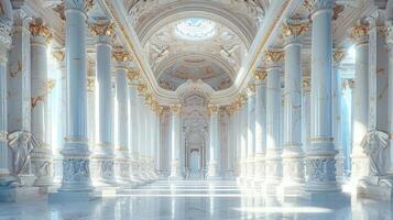 A long hallway with white pillars and gold trim photo