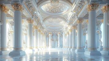 A long hallway with columns and gold decorations photo
