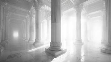 A white room with columns and light coming from the ceiling photo