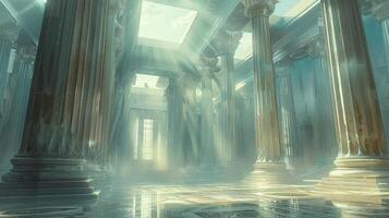 A room with columns and sunlight coming through the ceiling photo