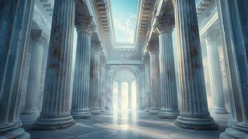 A long hallway with columns and pillars photo
