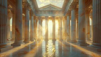 A greek temple with columns and sunlight photo