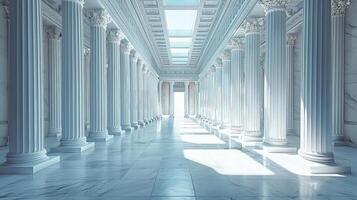 A long hallway with columns and a skylight photo