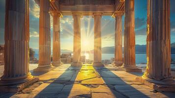The sun shines through the columns of an ancient greek temple photo