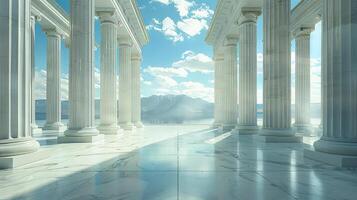 A white marble room with columns and a blue sky photo