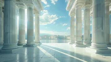 A view of columns in a room with a blue sky photo