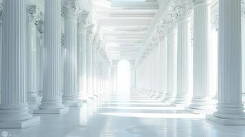 A long hallway with white pillars and a light at the end photo