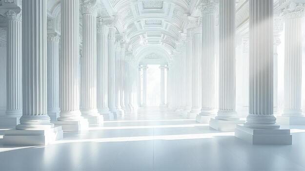 White columns in a large room with sunlight photo