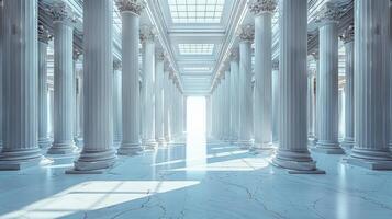 A long hallway with columns and a light at the end photo