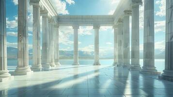 A large room with columns and water photo