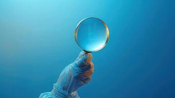 A person holding a magnifying glass over a blue background photo