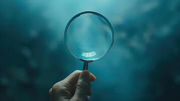 A person holding a magnifying glass over a dark background photo