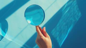 A person holding a magnifying glass over a pool photo