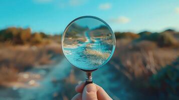 A person holding a magnifying glass over a field photo