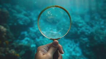 A person holding a magnifying glass over an underwater scene photo