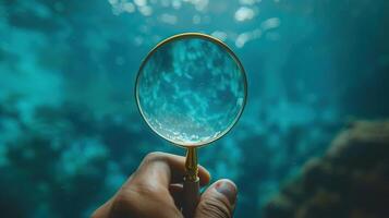 A person holding a magnifying glass over a blue ocean photo