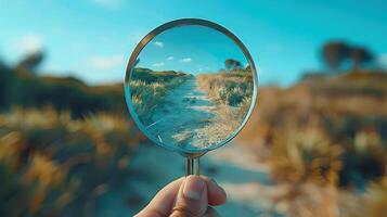 A person holding a magnifying glass over a path photo