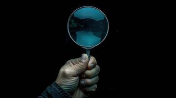 A person holding a magnifying glass over a black background photo