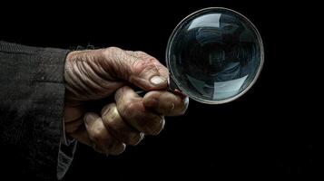 A man holding a magnifying glass over his hand photo