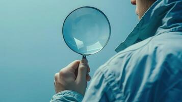 A person in a blue jacket is holding a magnifying glass photo