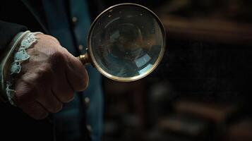 A man in a suit holding a magnifying glass photo