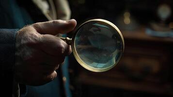 A man holding a magnifying glass in his hand photo