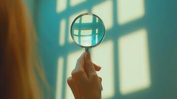A person holding a magnifying glass looking at a window photo