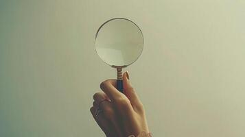 White background hand with magnifying glass exploring. photo