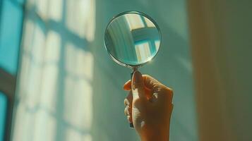 A person holding a magnifying glass up to a window photo