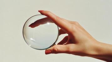 A person holding a large glass lens photo