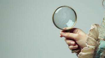 Graceful hand magnifying glass on white background. photo