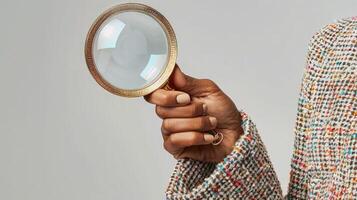 Dynamic curiosity exploring with magnifying glass on white. photo