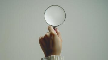White background woman hand with magnifying glass. photo