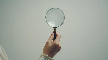Dynamic hand with magnifying glass white background. photo
