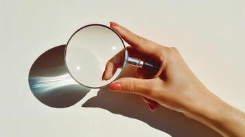Graceful curiosity woman hand with magnifying glass on white. photo