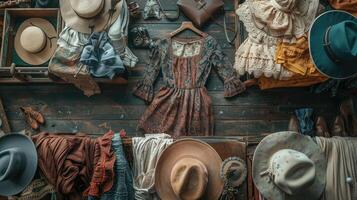 Dynamic floor flatlay, retro elegance items. photo