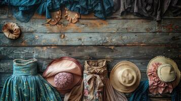 Retro fashion flatlay, elegant items on wood floor. photo