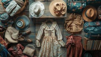 Dynamic layout scene, vintage elegance on wood floor. photo