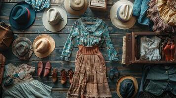 Retro item flatlay, stylish fashion on floor scene. photo